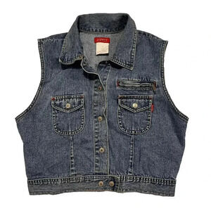 Vtg Espirit Jeans Juniors Large Cropped Denim Vest Western Utility Trucker Boho